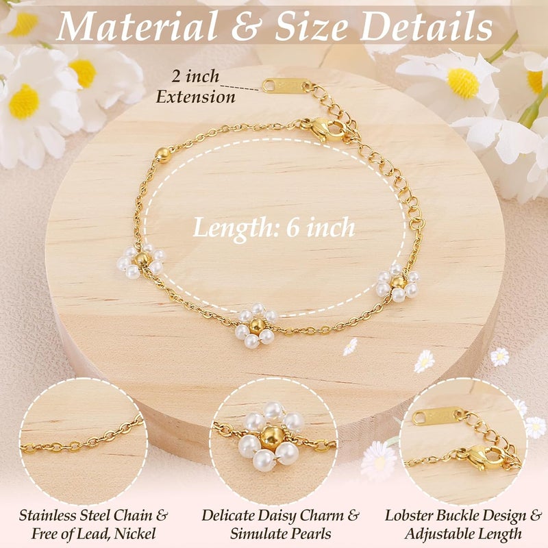 DAYANEY Pearl Bracelets for Women, Gold Bracelet Silver Pearl Jewelry as Valentines Gifts for Girls, Dainty Daisy and Heart Braclets Cute Floral Prom Jewelry for Bridesmaid Brazaletes Para Mujer - Image 4